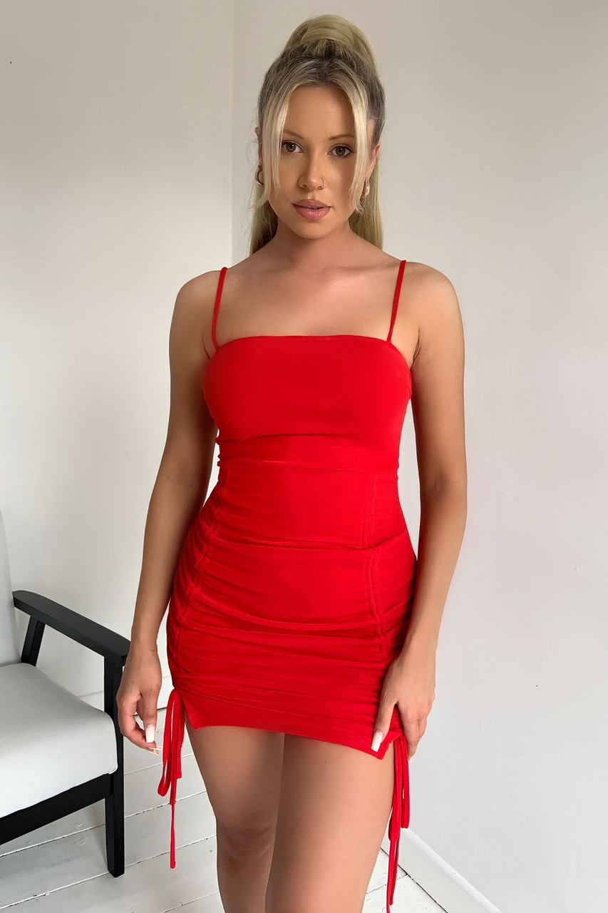 Red WOMAN Relax Fit Strappy Ruched Mini Dress 2390718